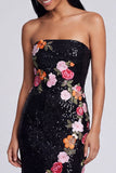 Robe noire scintillante sans bretelles Fourreau long à fleurs à sequins