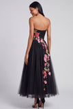 Robe longue longue de cérémonie longue en tulle noir à fleurs en forme de ligne A