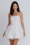 Mini-robe A-Line en tulle sans bretelles ivoire froncée avec nœud