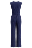 Combinaison formelle bleu marine sans manches à col en V avec ceinture