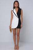 Robe de travail courte sans manches noir et blanc à revers