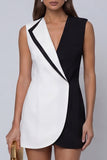 Robe de travail courte sans manches noir et blanc à revers