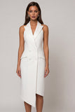 Robe de travail à revers à pointes blanches à double boutonnage à fourreau asymétrique