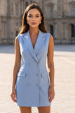Robe de travail courte courte à revers pointu bleu scintillant