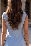 Robe de travail courte courte à revers pointu bleu scintillant