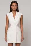 Robe de travail courte à revers à pointes blanches à poitrine bouble-poitrine en dentelle bouble-sheath