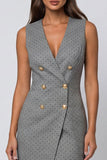 Robe midi grise à pois à double boutonnage à double boutonnage et fourreau avec fente