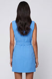 Robe de travail courte bleue à revers avec ceinture