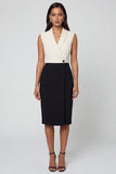 Robe de travail midi à revers en châle noir et blanc