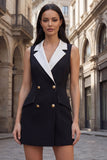 Robe de travail courte courte à revers noir à double boutonnage