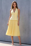 Robe de travail midi jaune jaune à simple boutonnage plissé