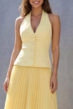 Robe de travail midi jaune jaune à simple boutonnage plissé