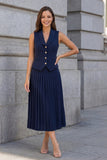 Robe de travail en deux pièces plissée à simple boutonnage bleu marine à deux branches