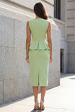 Robe de travail verte à col en V à simple boutonnage en 2 pièces à fourreau