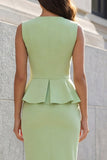 Robe de travail verte à col en V à simple boutonnage en 2 pièces à fourreau