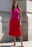 Robe de travail plissée en 2 pièces à col en V rouge en fuchsia et en ligne A