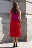 Robe de travail plissée en 2 pièces à col en V rouge en fuchsia et en ligne A