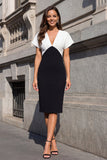 Robe de travail noire et blanche à manches courtes à manches courtes, col en V