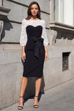 Robe de travail en dentelle noire et blanche à manches 3/4