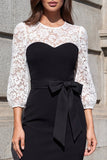 Robe de travail en dentelle noire et blanche à manches 3/4