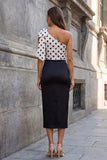 Robe de travail bodycon à pois noirs à une épaule