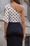 Robe de travail bodycon à pois noirs à une épaule