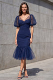 Robe de travail midi à manches bouffantes bleu marine à manches bouffantes en sirène