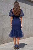 Robe de travail midi à manches bouffantes bleu marine à manches bouffantes en sirène