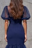 Robe de travail midi à manches bouffantes bleu marine à manches bouffantes en sirène