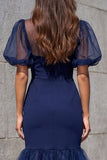 Robe de travail midi à manches bouffantes bleu marine à manches bouffantes en sirène