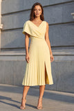 Robe de travail midi à col jaune asymétrique plissée A Line