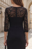 Robe de travail midi en dentelle bodycon à manches 3/4 noire