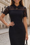 Mini-robe de travail noire à manches courtes en dentelle à fourreau