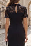 Mini-robe de travail noire à manches courtes en dentelle à fourreau