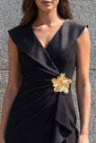 Robe de travail noire 3D à col en V et fleurs