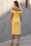 Robe de travail midi froncée jaune à volants dégagés sur les épaules avec fente