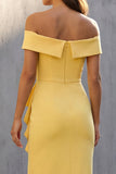 Robe de travail midi froncée jaune à volants dégagés sur les épaules avec fente