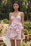 Robe de mini-retour à la maison à volants A-Line Jacquard rose Sweetheart avec un nœud