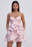 Robe de mini-retour à la maison à volants A-Line Jacquard rose Sweetheart avec un nœud
