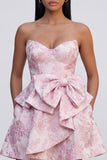 Robe de mini-retour à la maison à volants A-Line Jacquard rose Sweetheart avec un nœud