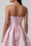 Robe de mini-retour à la maison à volants A-Line Jacquard rose Sweetheart avec un nœud