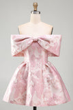 Robe de mini-rentrée Jacquard rose A-large à épaules décollées avec un nœud