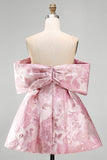 Robe de mini-rentrée Jacquard rose A-large à épaules décollées avec un nœud