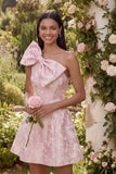 Robe de mini-rentrée rose Jacquard à une épaule avec un nœud