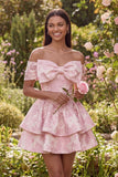 Robe de mini-retour à la maison rose Jacquard en ligne A à volants avec un nœud