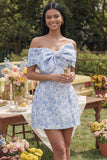 Robe de mini-rentrée bleue Jacquard A-Line dénudé avec nœud