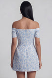 Robe de mini-rentrée bleue Jacquard A-Line dénudé avec nœud