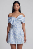 Robe de mini-rentrée bleue Jacquard A-Line dénudé avec nœud