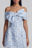 Robe de mini-rentrée bleue Jacquard A-Line dénudé avec nœud