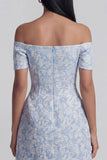 Robe de mini-rentrée bleue Jacquard A-Line dénudé avec nœud